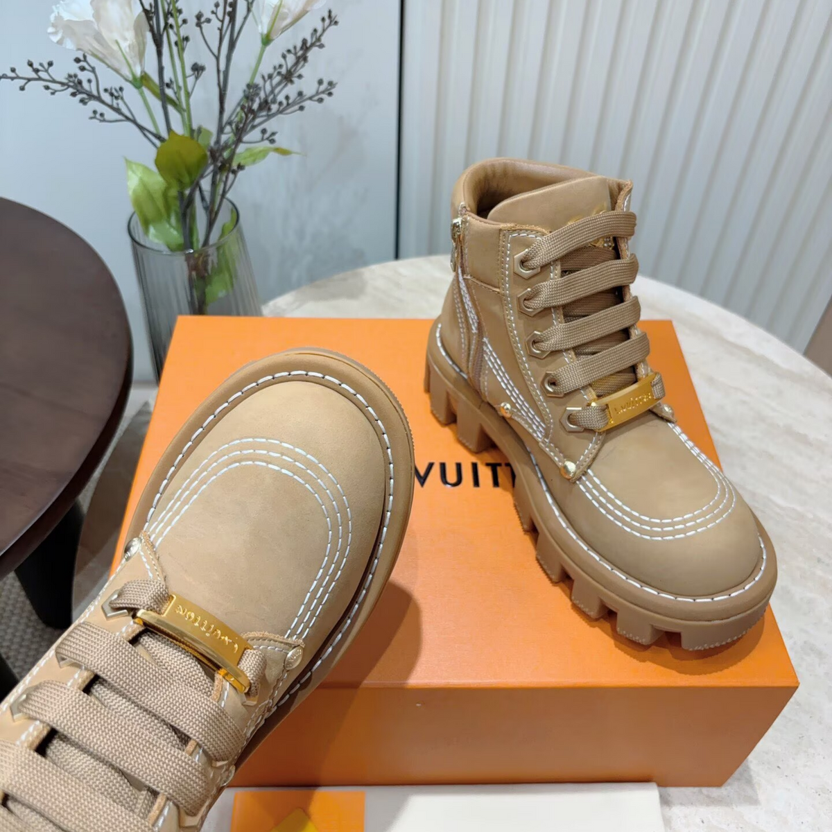 Louis Vuitton Tan High-Top Lace-Up Sneakers