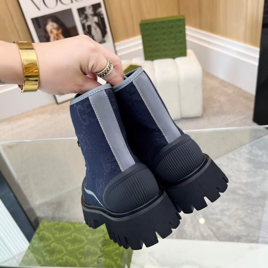 Gucci Navy Blue GG Jumbo Canvas Ankle Boots | Black Lug Sole | Lace-Up Side Zip