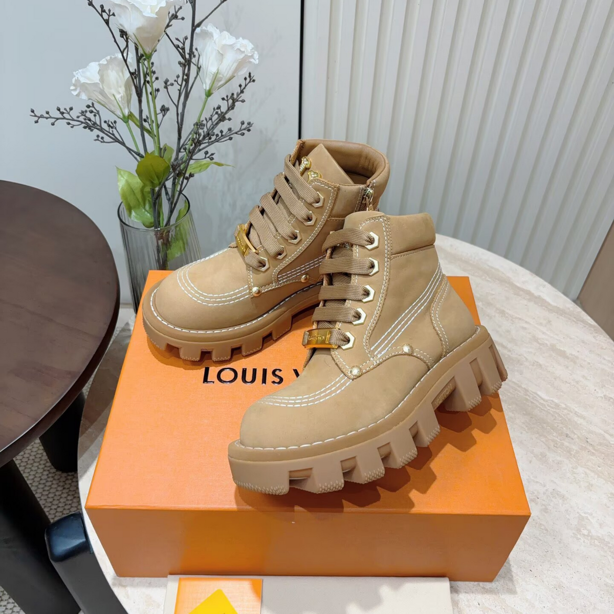 Louis Vuitton Tan High-Top Lace-Up Sneakers