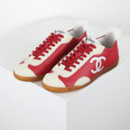 Chanel CC Logo Retro Sport Sneakers – Red Leather & Cream Suede with Gum Sole