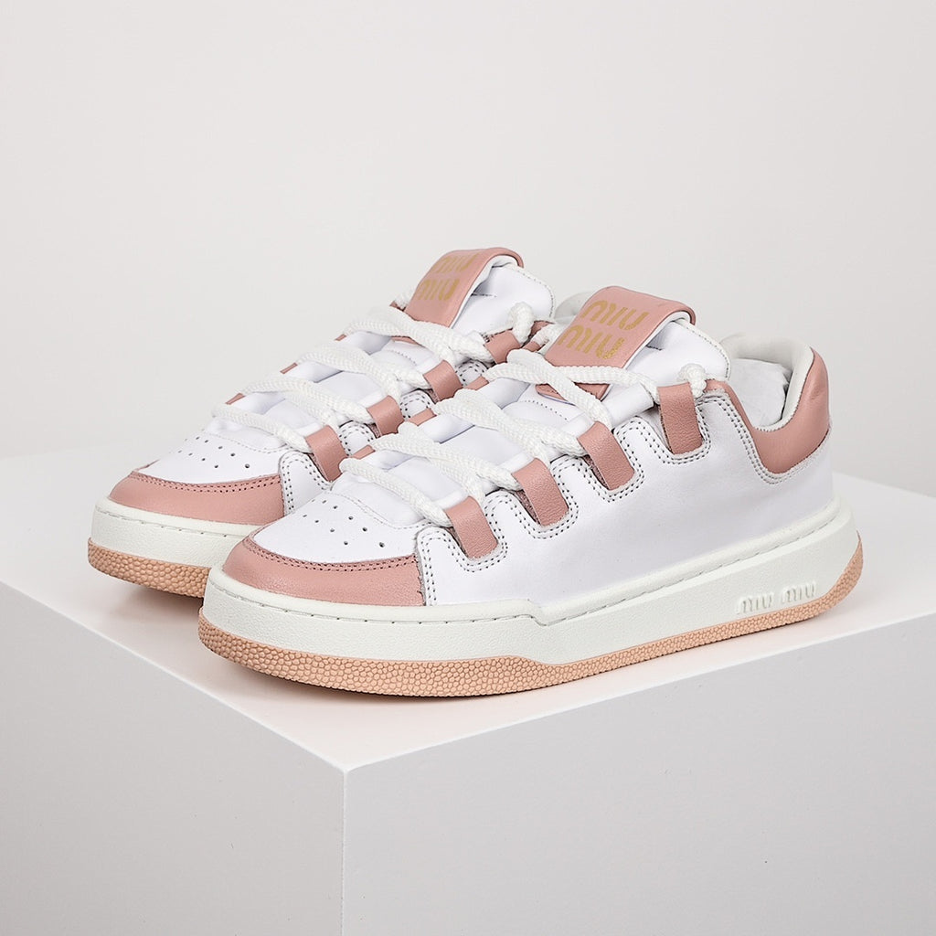 Miu Miu Oversized Lace Leather Low-Top Sneakers in White & Pink