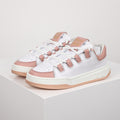Miu Miu Oversized Lace Leather Low-Top Sneakers in White & Pink