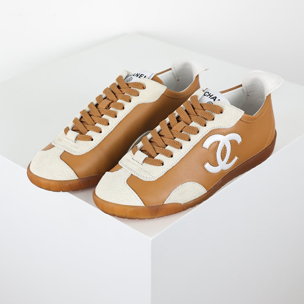 Chanel CC Logo Retro Sport Sneakers – Caramel Leather & Cream Suede with Gum Sole