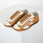 Chanel CC Logo Retro Sport Sneakers – Caramel Leather & Cream Suede with Gum Sole