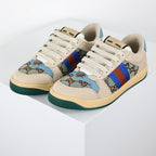 Gucci Screener Low-Top Sneakers – GG Supreme Canvas with Sky Blue Leather Trim & Green Sole