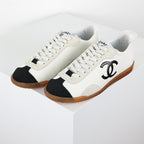 Chanel CC Logo Retro Sport Sneakers – White Leather & Black Suede Toe Cap with Gum Sole