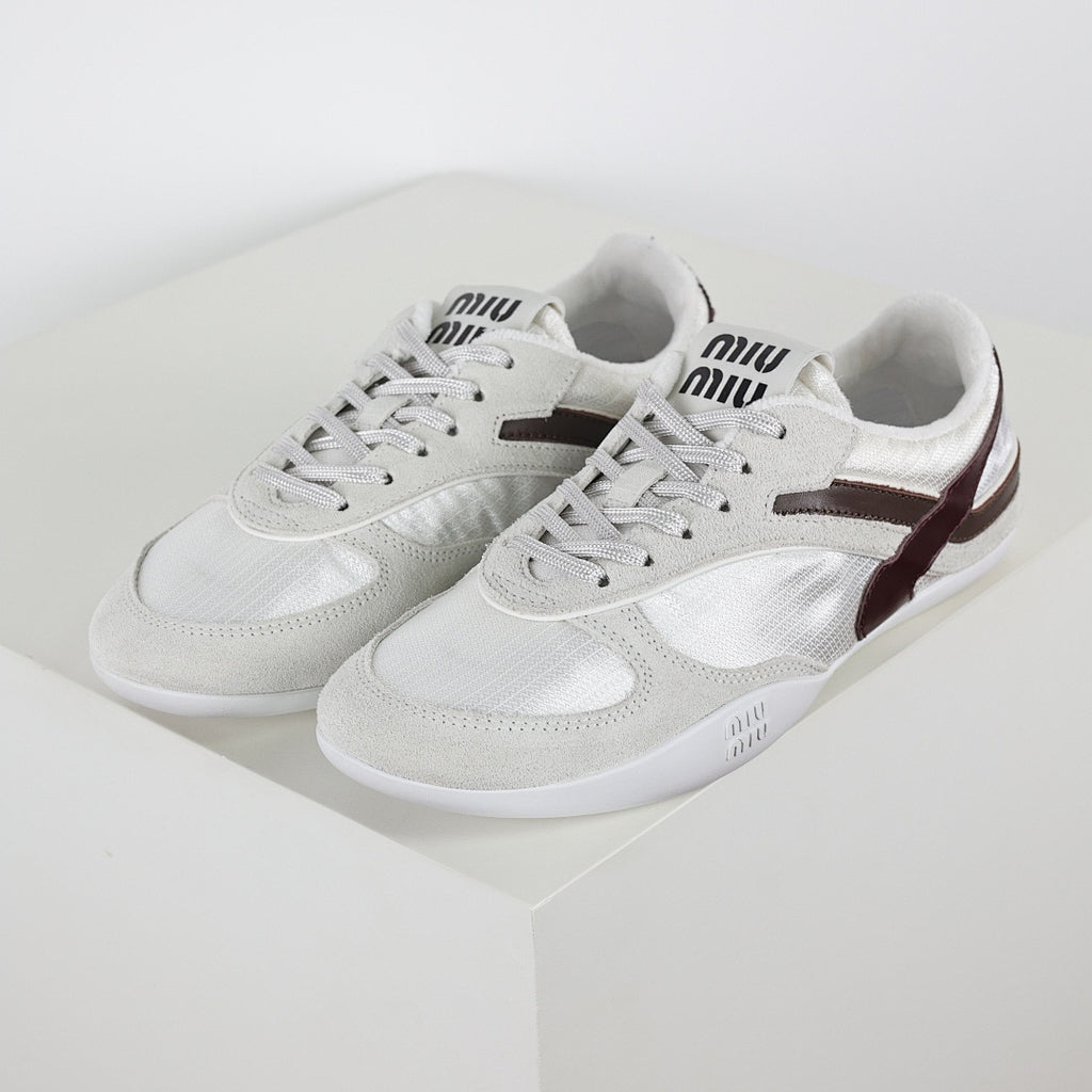 Miu Miu Suede & Satin Trainer Sneakers in White & Brown