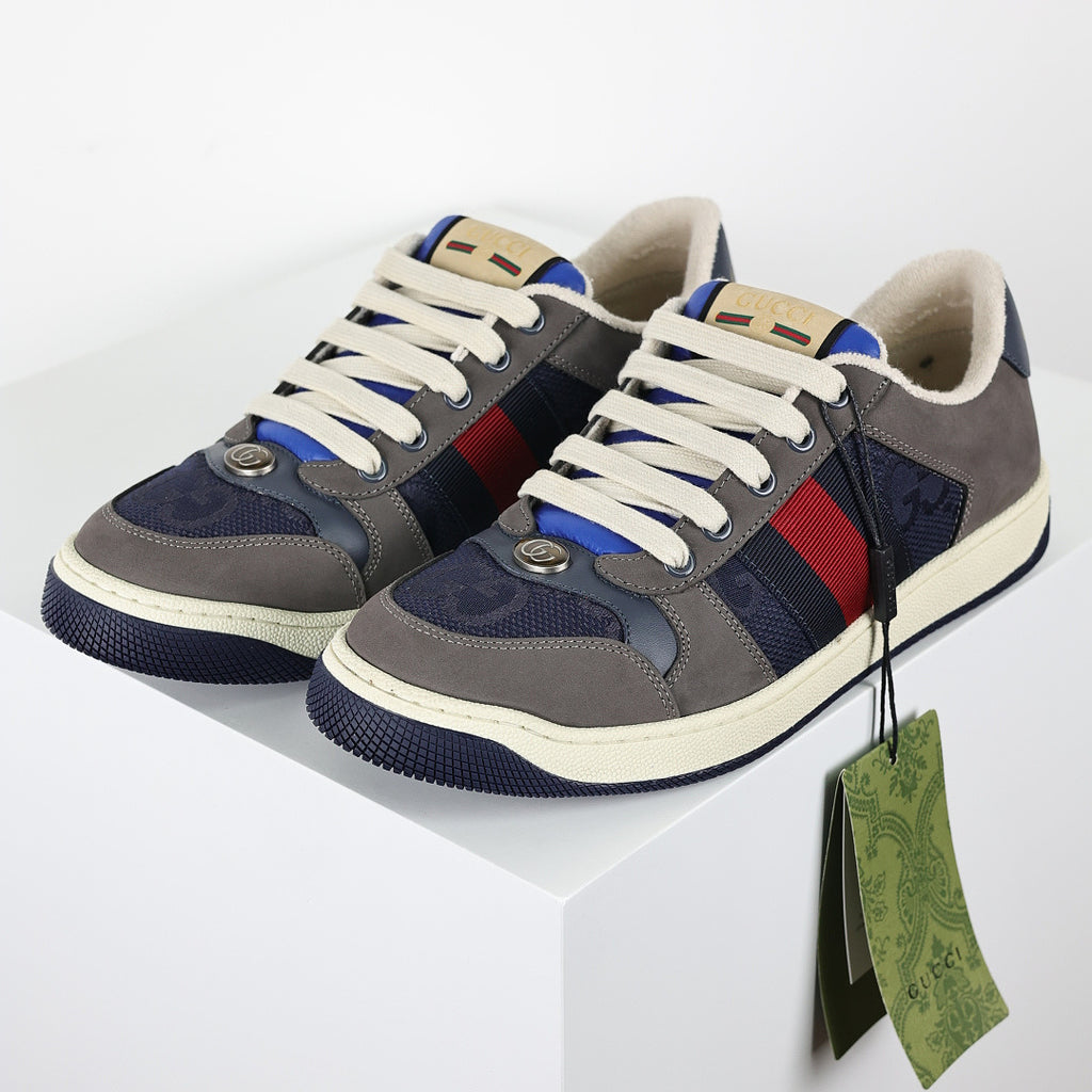 Gucci Screener Low-Top Sneakers – Grey Suede & Navy GG Canvas with Web Stripe