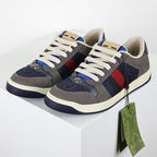 Gucci Screener Low-Top Sneakers – Grey Suede & Navy GG Canvas with Web Stripe
