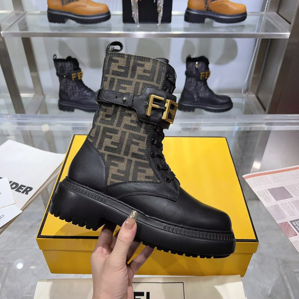 Fendi Black Leather Combat Boots | FF Jacquard Panel | Gold FENDI Buckle Strap | Lug Sole