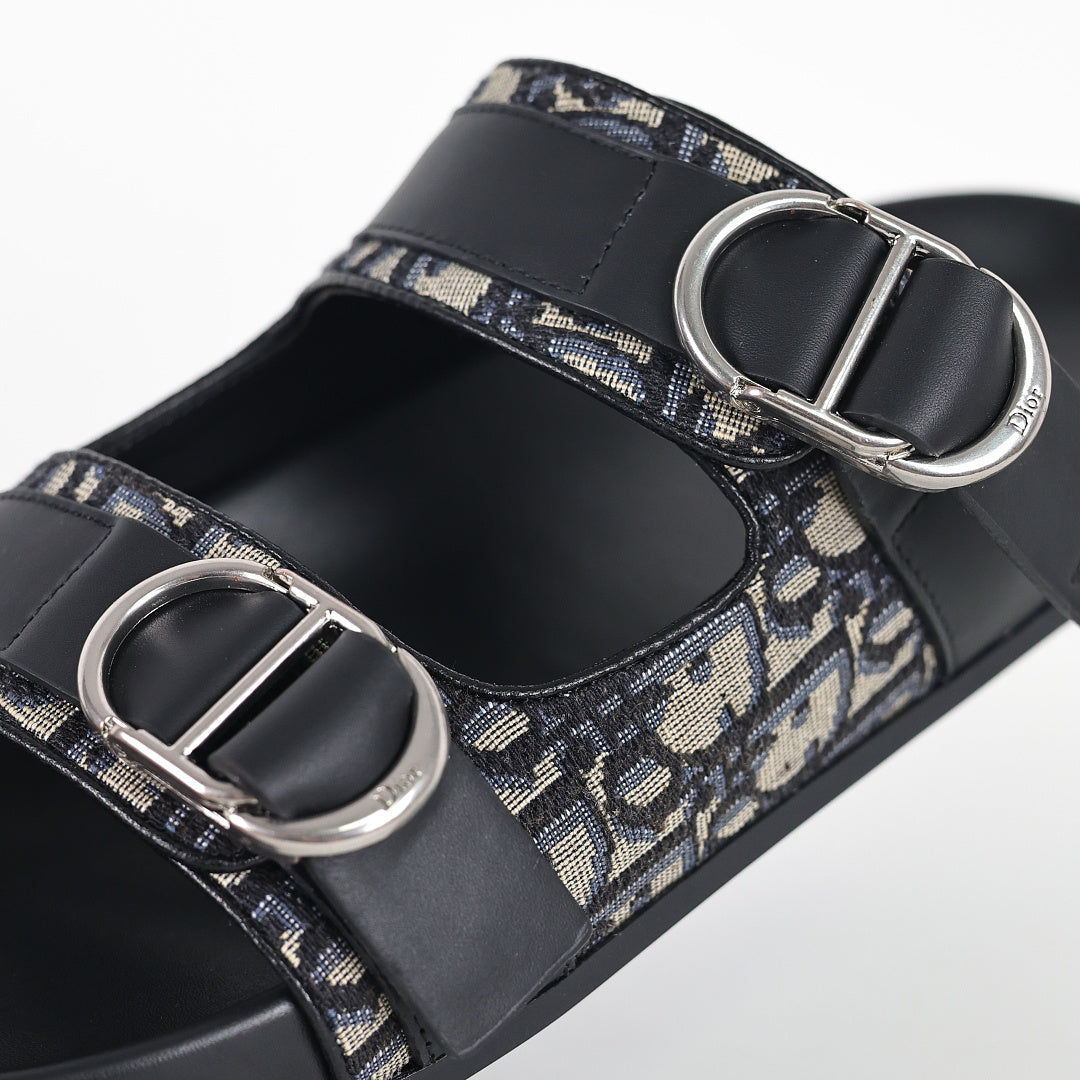 Dior Aqua Oblique Double-Buckle Slides – Black & Beige