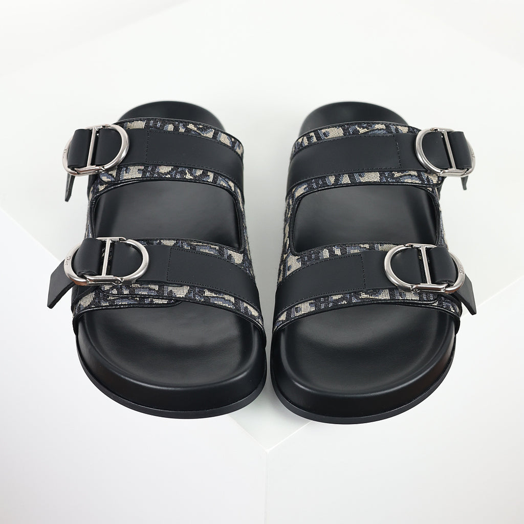 Dior Aqua Oblique Double-Buckle Slides – Black & Beige