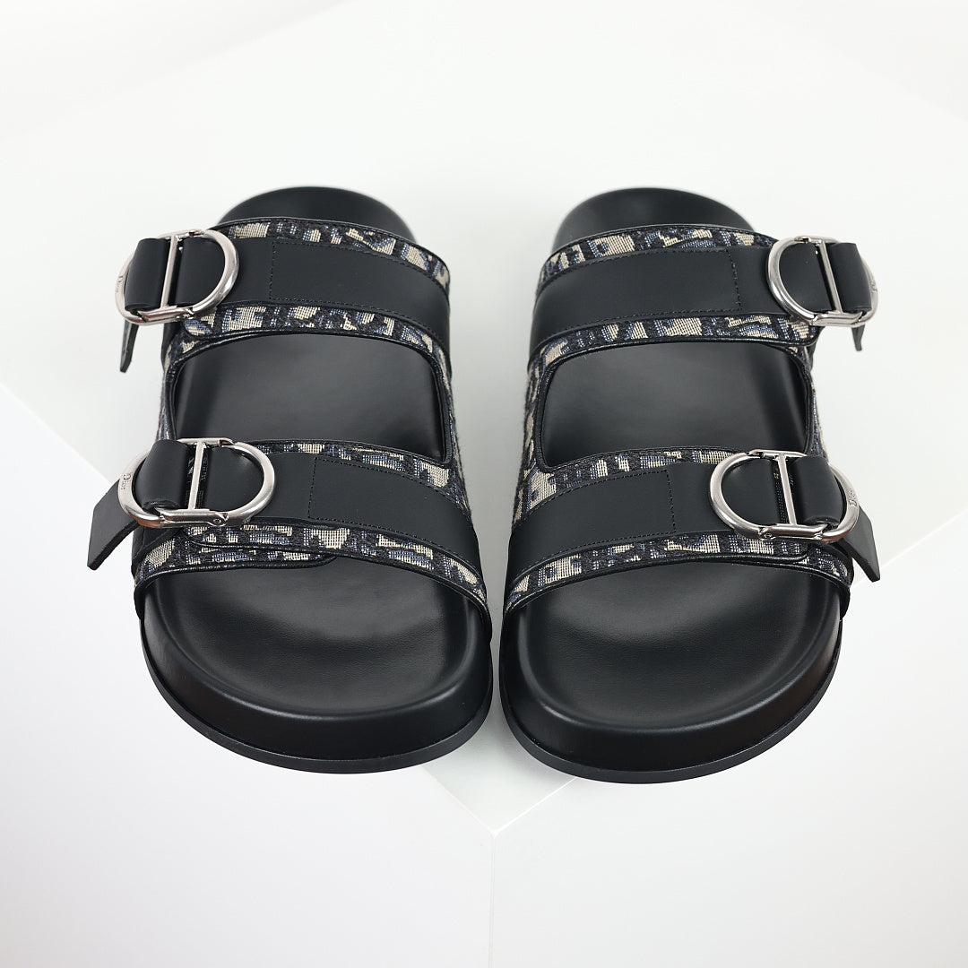 Dior Aqua Oblique Double-Buckle Slides – Black & Beige
