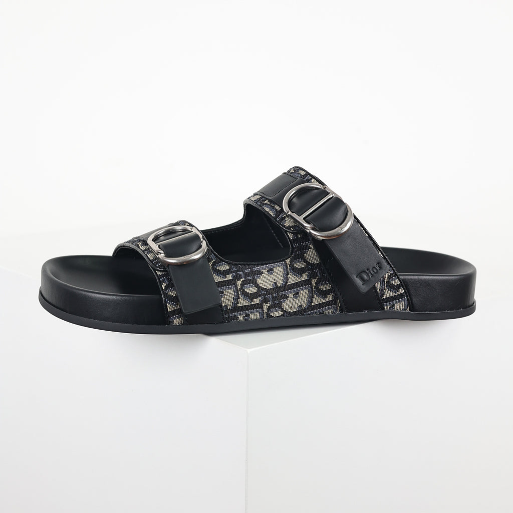 Dior Aqua Oblique Double-Buckle Slides – Black & Beige