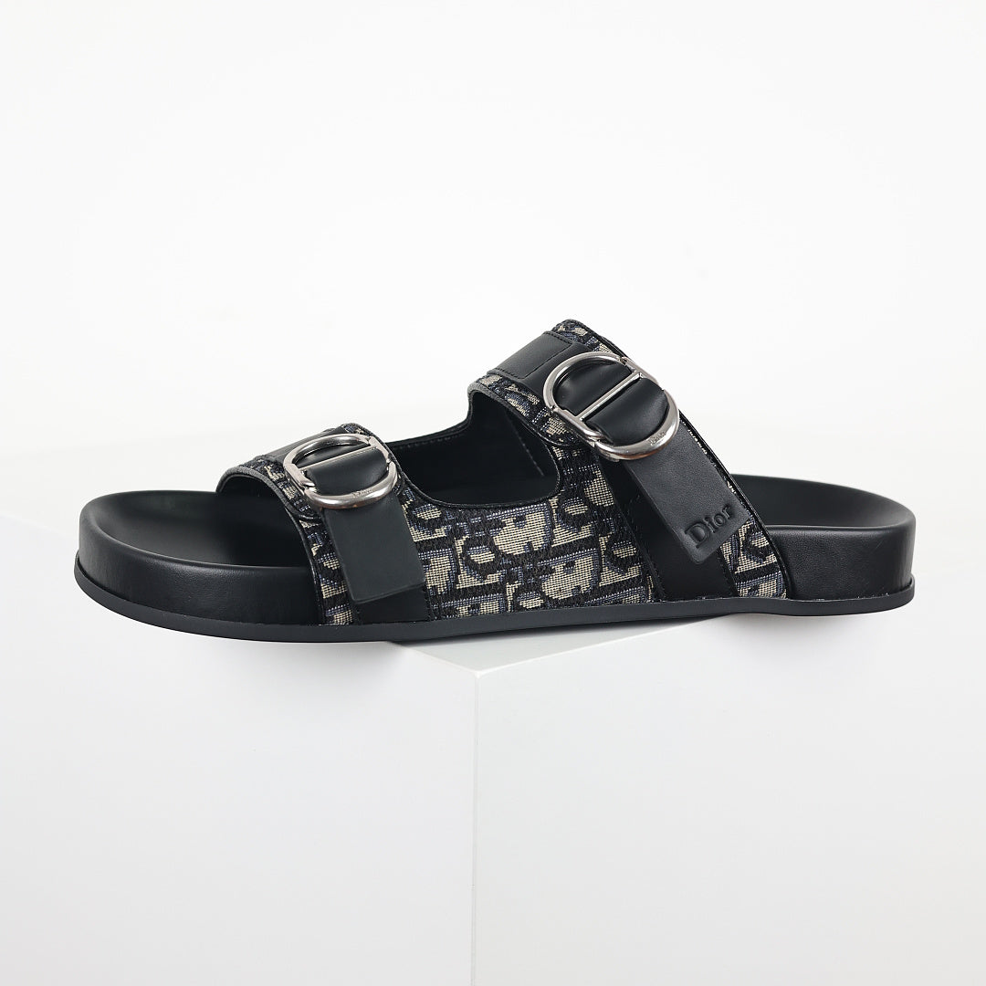 Dior Aqua Oblique Double-Buckle Slides – Black & Beige