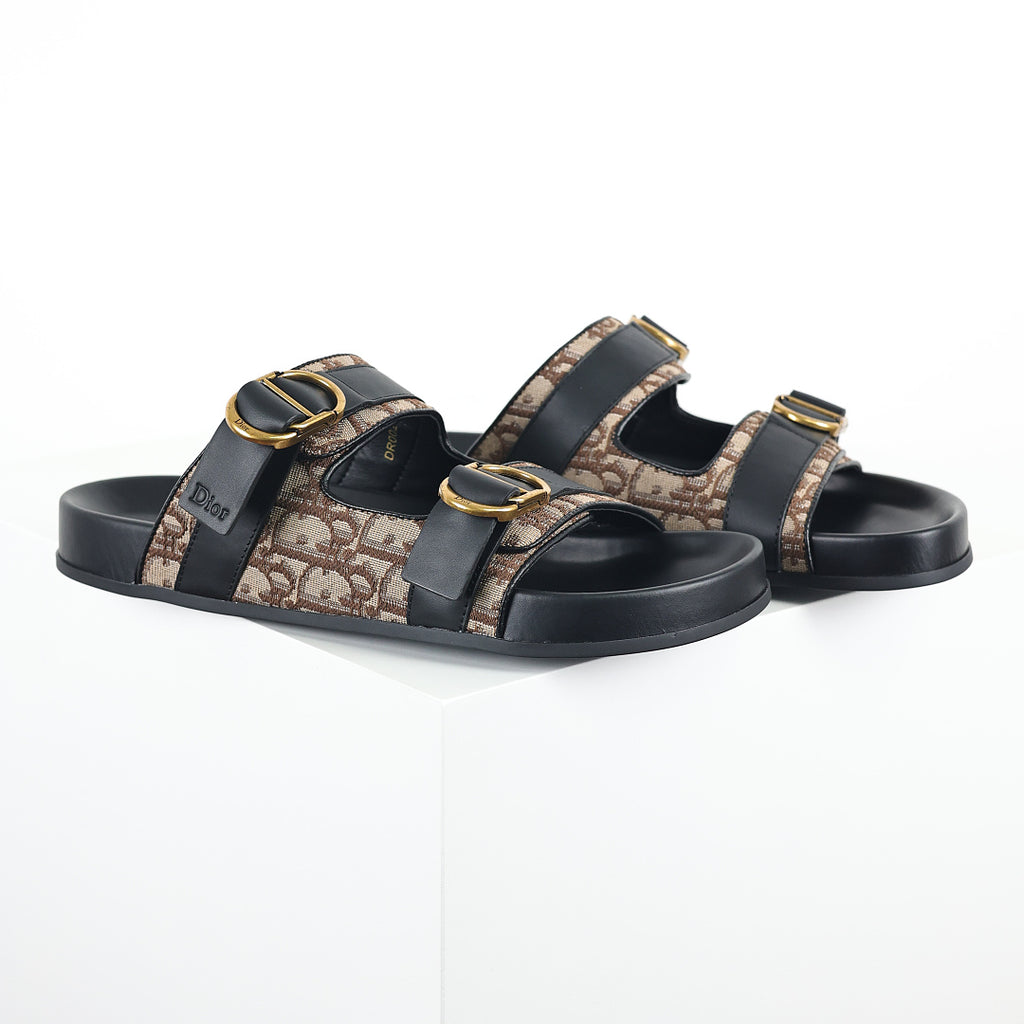 Dior Aqua Oblique Double-Buckle Slides – Beige & Brown