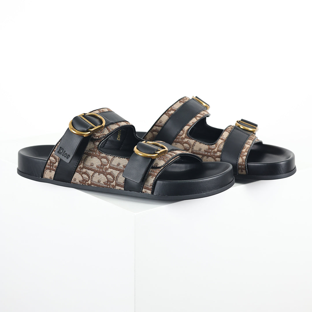 Dior Aqua Oblique Double-Buckle Slides – Beige & Brown