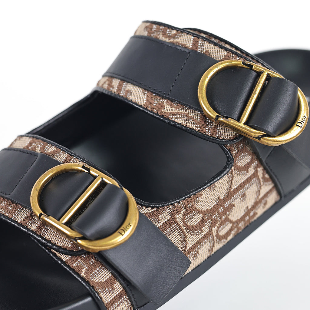 Dior Aqua Oblique Double-Buckle Slides – Beige & Brown