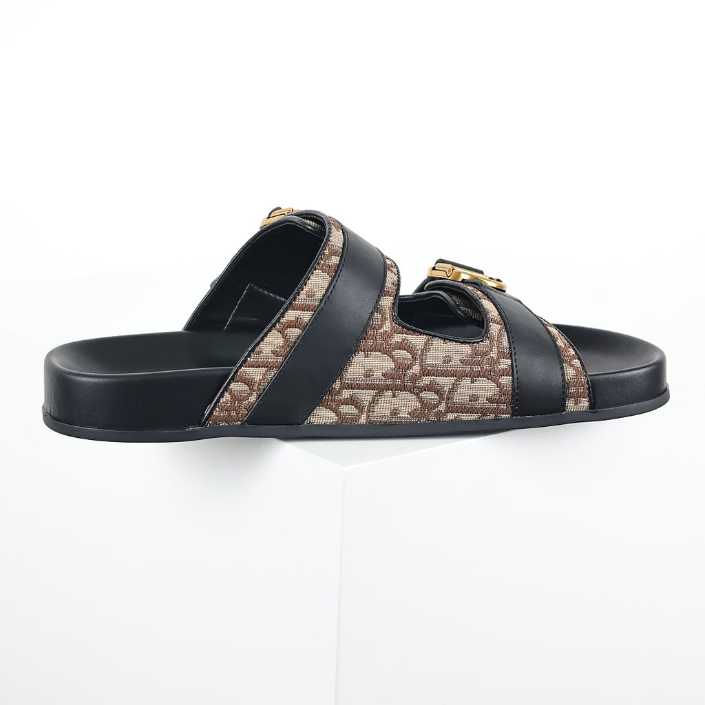 Dior Aqua Oblique Double-Buckle Slides – Beige & Brown