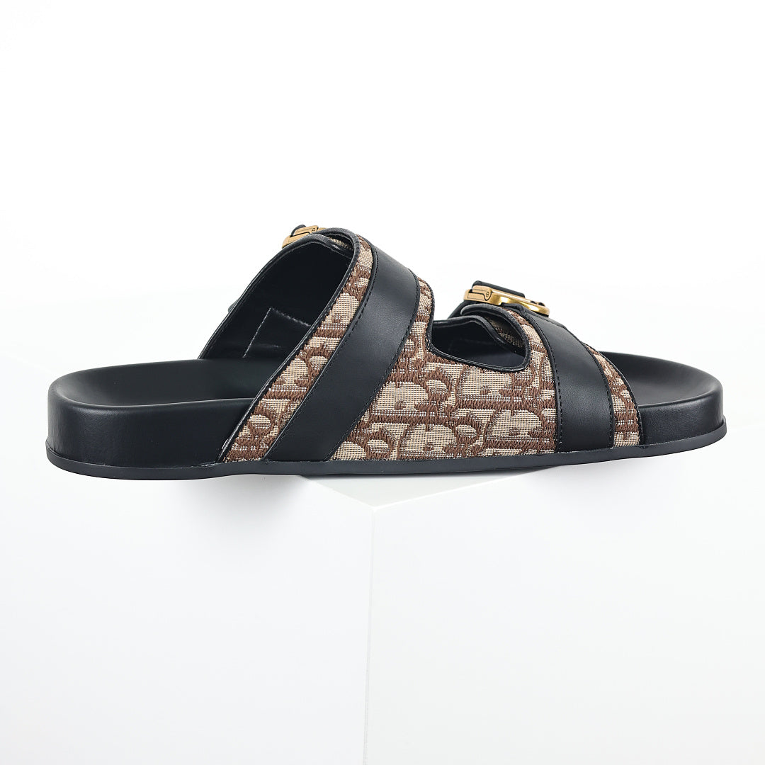 Dior Aqua Oblique Double-Buckle Slides – Beige & Brown
