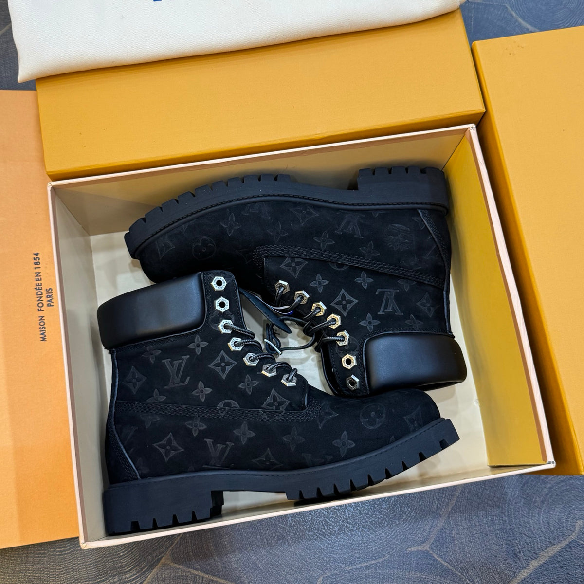 Louis Vuitton × Timberland Black Boots | Embossed Monogram | Waterproof Workwear