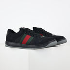 Gucci Screener Low-Top Sneakers – Triple Black GG Canvas & Suede with Web Stripe