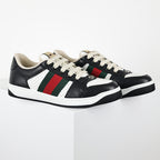 Gucci Screener Low-Top Sneakers – Black & White Leather with Web Stripe