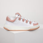 Miu Miu Oversized Lace Leather Low-Top Sneakers in White & Pink