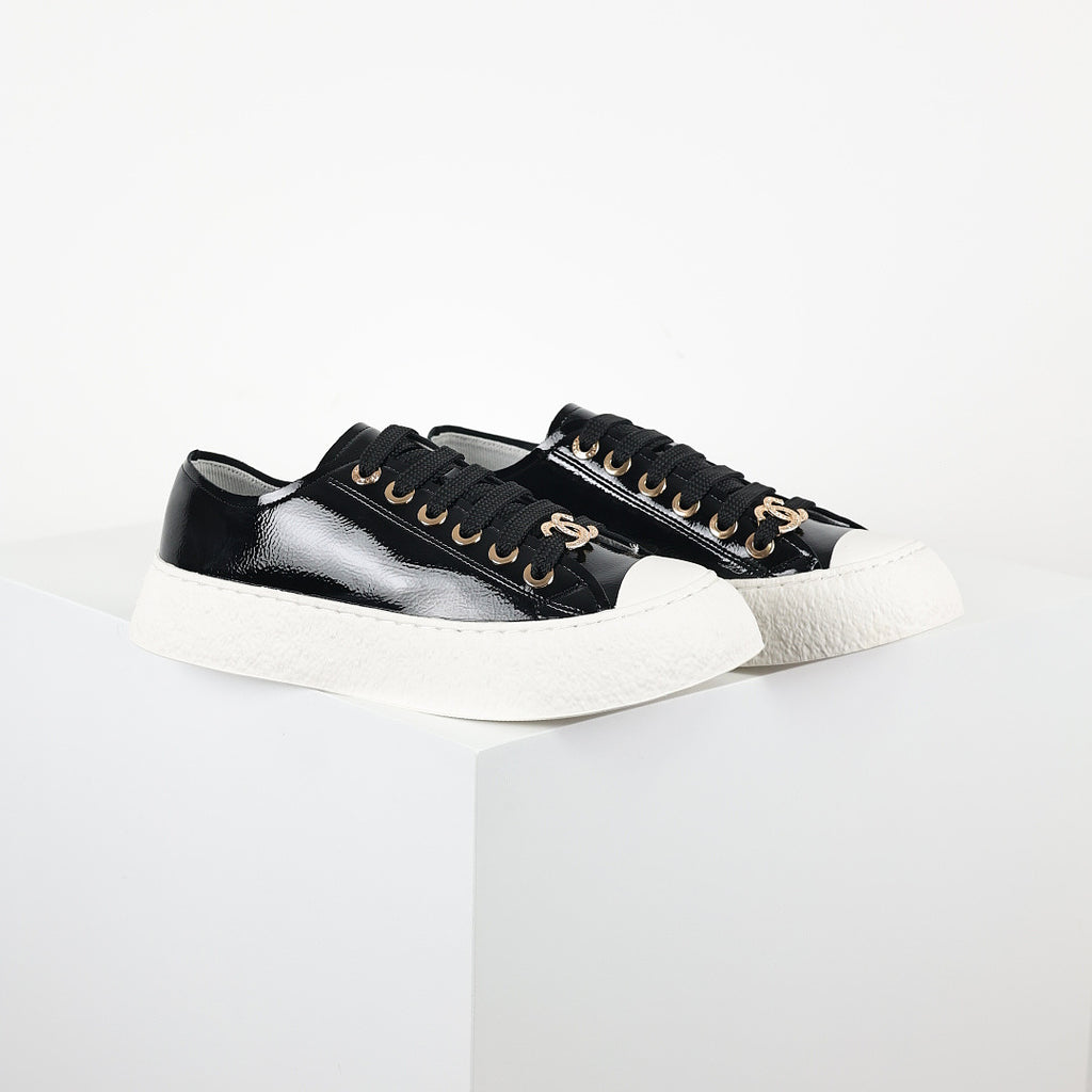 Chanel Low-Top Platform Sneakers – Black Patent Leather with Gold CC Lace Charm