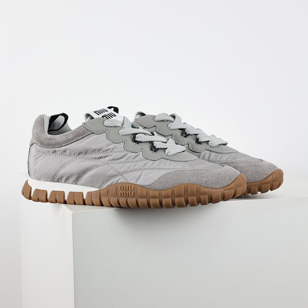 Miu Miu SS25 Quilted Nylon & Suede Sneakers in Grey