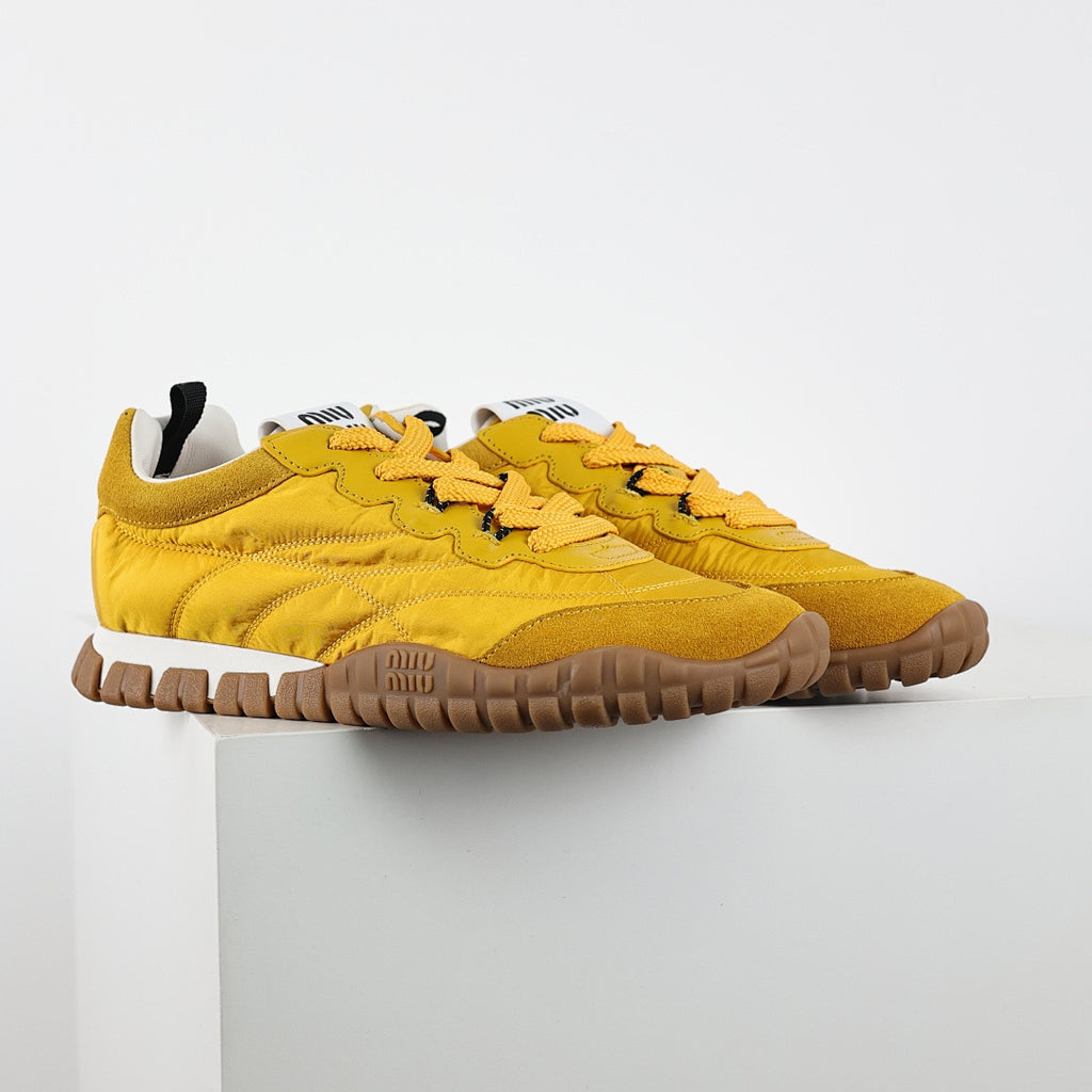 Miu Miu SS25 Quilted Nylon & Suede Sneakers in Yellow