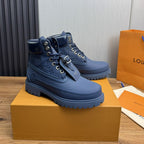 Louis Vuitton × Timberland Navy Blue Boots | Monogram Embossed Workwear Boot | Waterproof Lug Sole