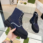 Gucci Navy Blue GG Jumbo Canvas Ankle Boots | Black Lug Sole | Lace-Up Side Zip