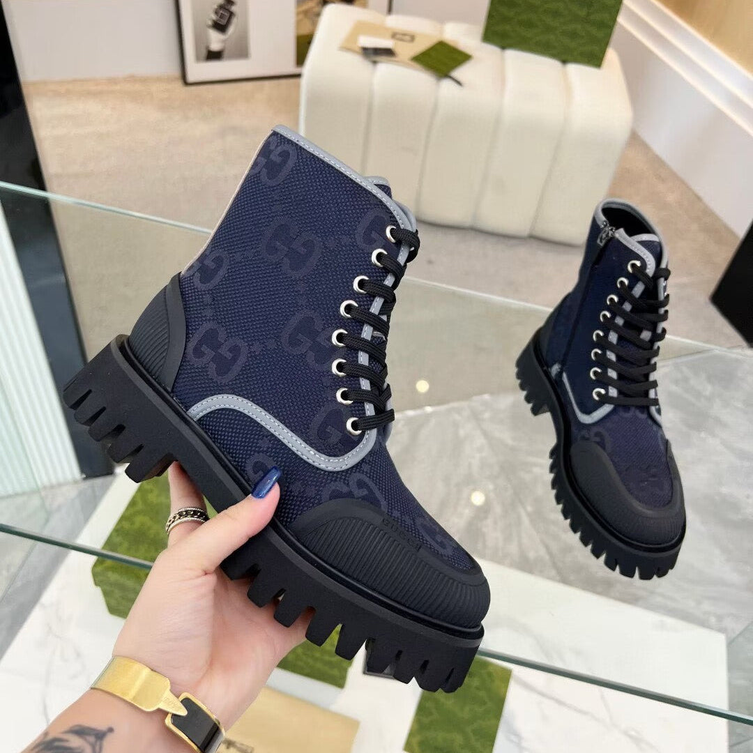 Gucci Navy Blue GG Jumbo Canvas Ankle Boots | Black Lug Sole | Lace-Up Side Zip