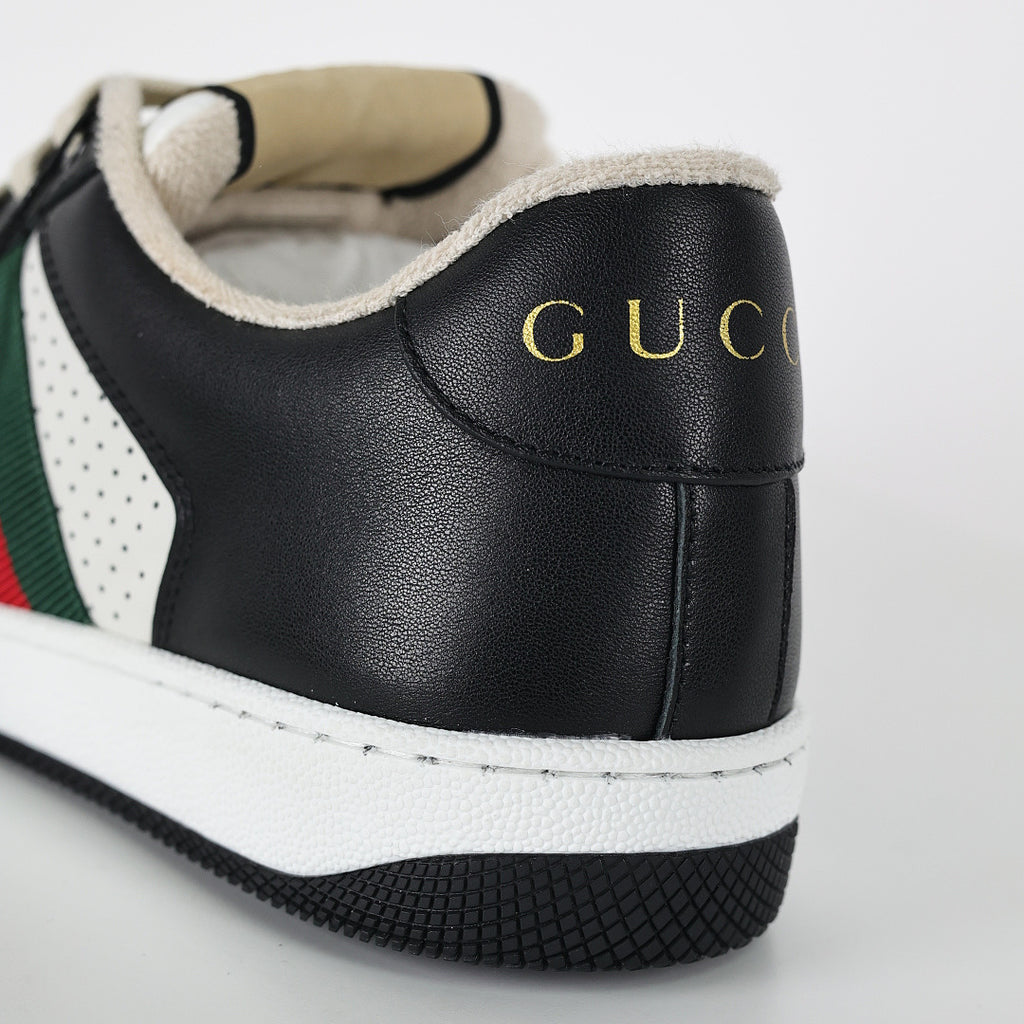 Gucci Screener Low-Top Sneakers – Black & White Leather with Web Stripe