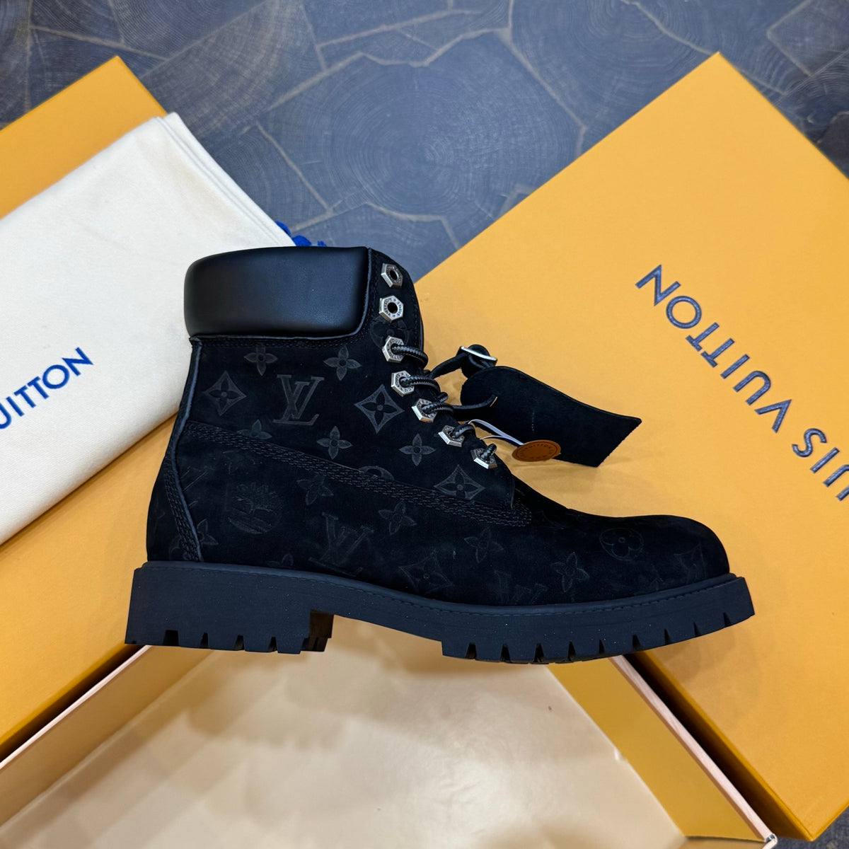Louis Vuitton × Timberland Black Boots | Embossed Monogram | Waterproof Workwear