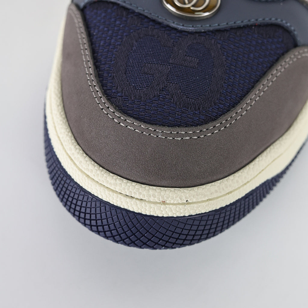 Gucci Screener Low-Top Sneakers – Grey Suede & Navy GG Canvas with Web Stripe