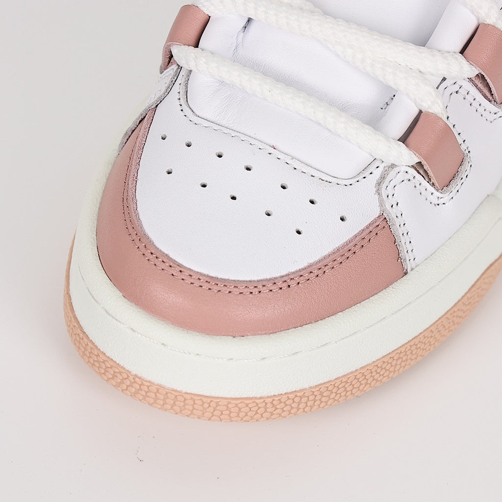 Miu Miu Oversized Lace Leather Low-Top Sneakers in White & Pink