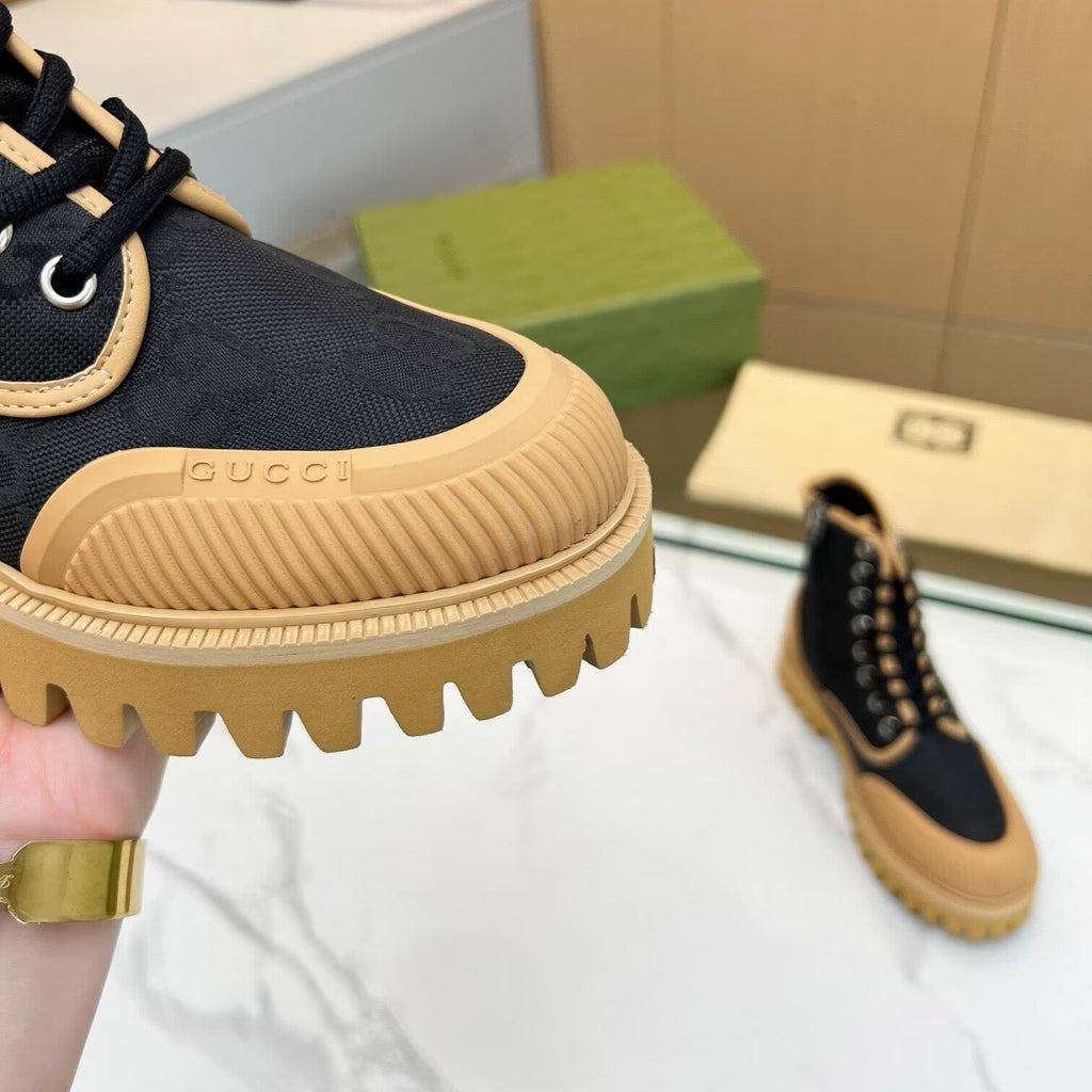 Gucci Black GG Monogram Ankle Boots with Tan Lug Sole