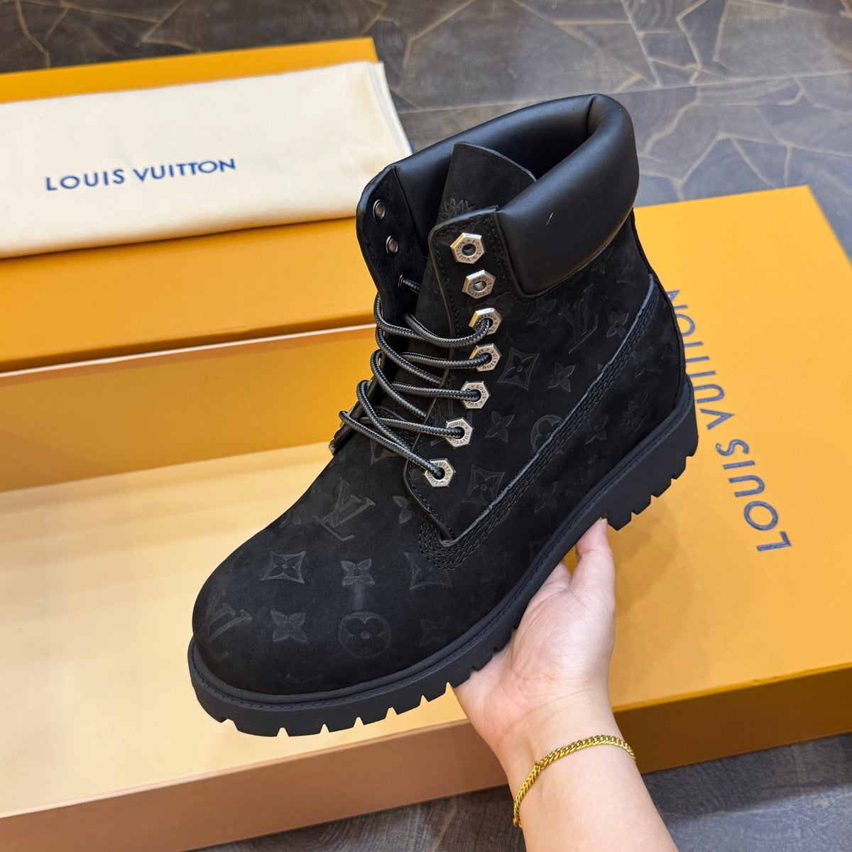 Louis Vuitton × Timberland Black Boots | Embossed Monogram | Waterproof Workwear