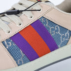 Gucci Screener Low-Top Sneakers – GG Denim Canvas with Purple Leather Trim & Web Stripe
