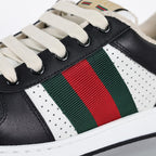 Gucci Screener Low-Top Sneakers – Black & White Leather with Web Stripe