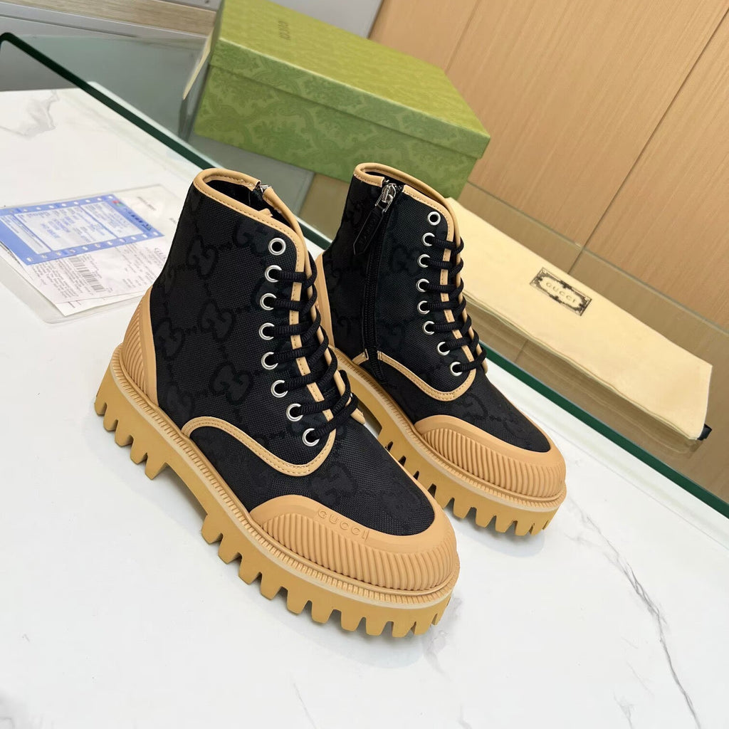 Gucci Black GG Monogram Ankle Boots with Tan Lug Sole