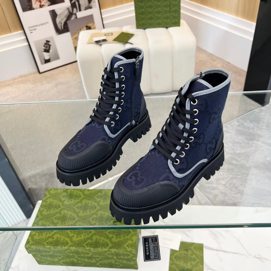 Gucci Navy Blue GG Jumbo Canvas Ankle Boots | Black Lug Sole | Lace-Up Side Zip