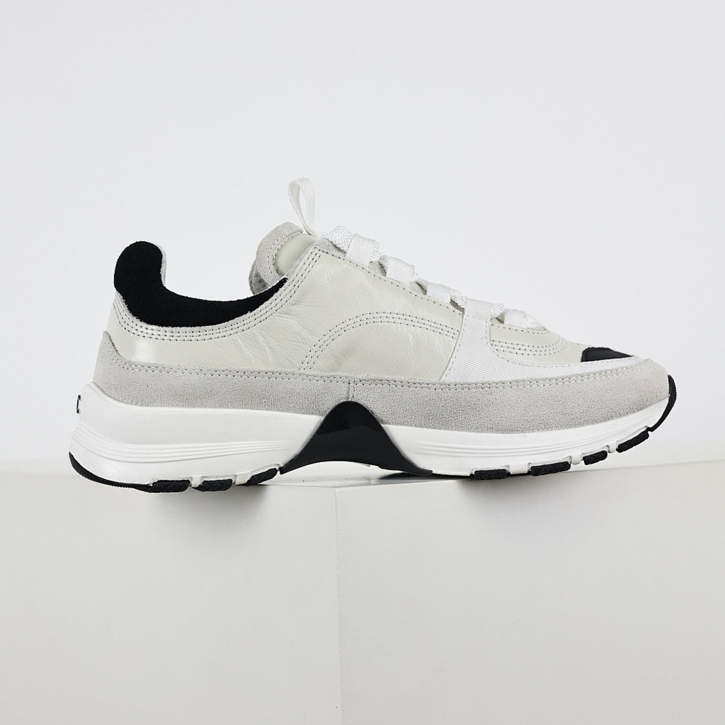 Chanel CC Logo Chunky Dad Sneakers – White Mesh & Suede with Black Rubber Accents