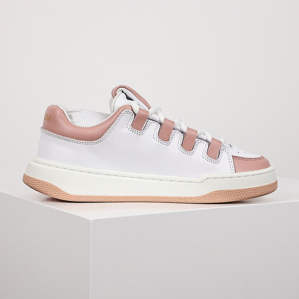 Miu Miu Oversized Lace Leather Low-Top Sneakers in White & Pink