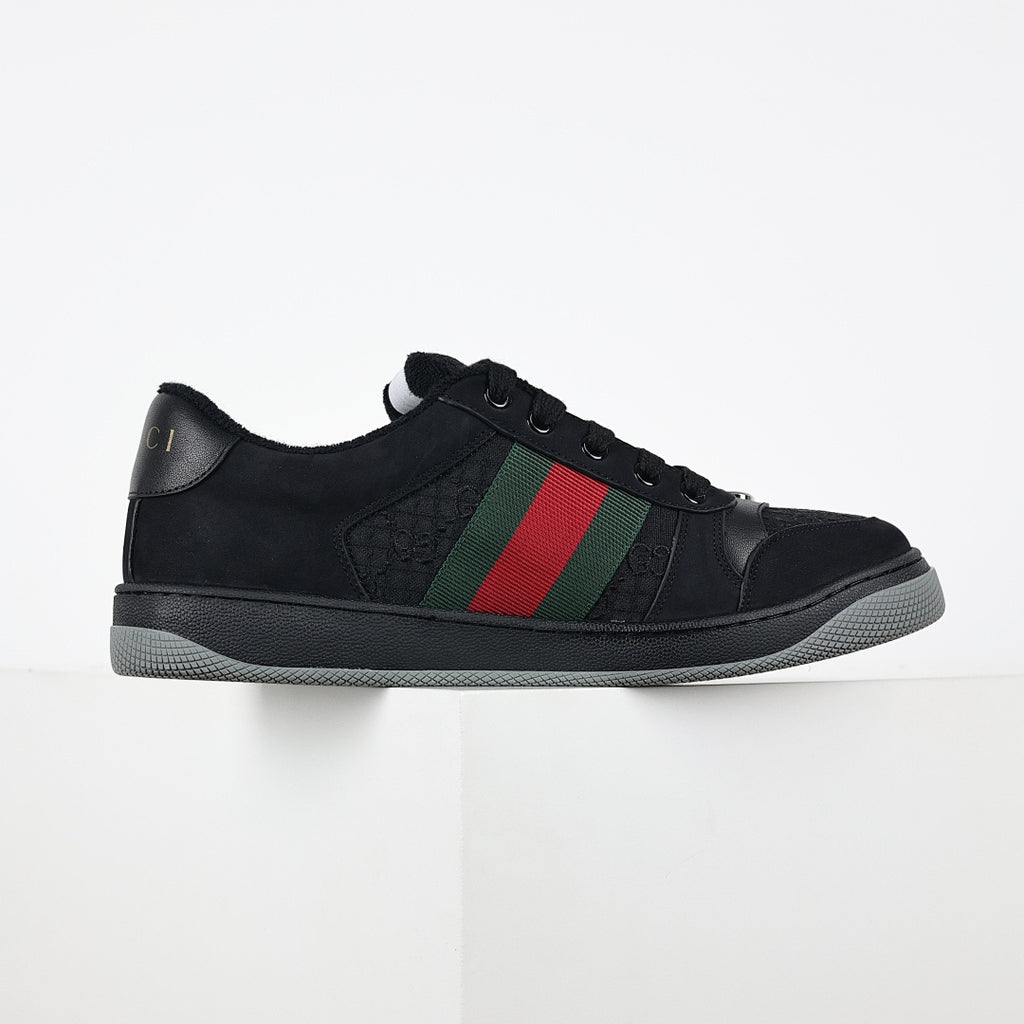 Gucci Screener Low-Top Sneakers – Triple Black GG Canvas & Suede with Web Stripe