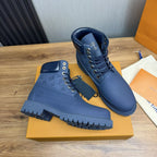 Louis Vuitton × Timberland Navy Blue Boots | Monogram Embossed Workwear Boot | Waterproof Lug Sole