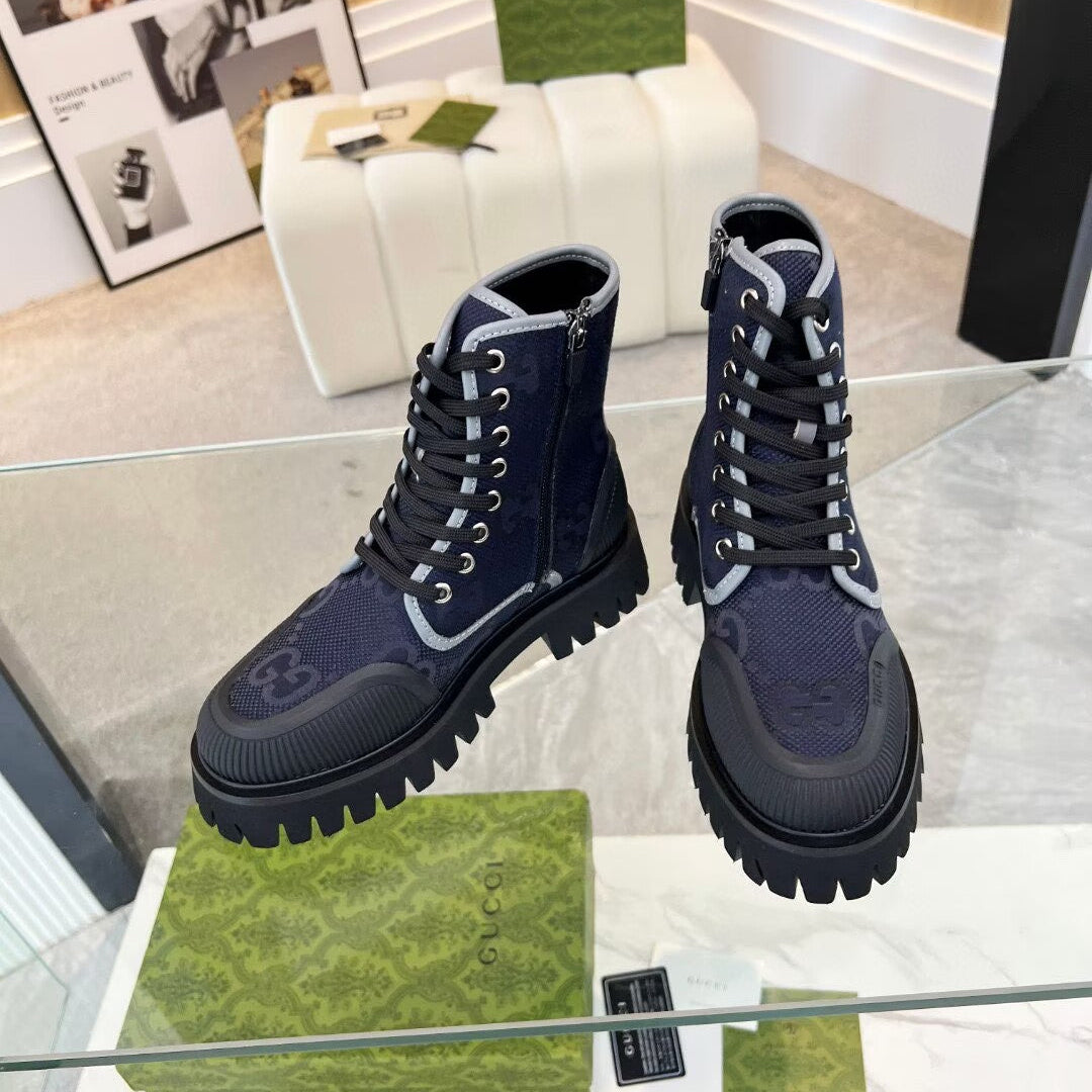 Gucci Navy Blue GG Jumbo Canvas Ankle Boots | Black Lug Sole | Lace-Up Side Zip