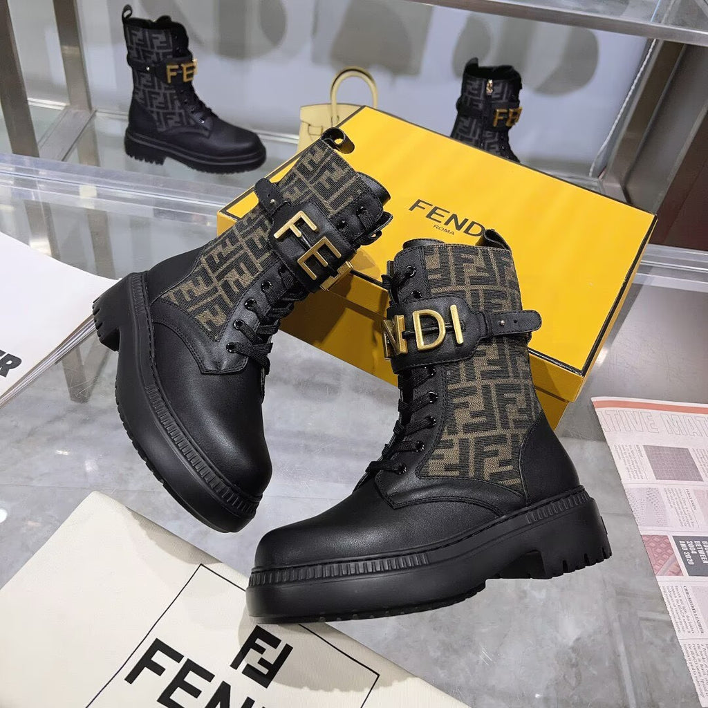 Fendi Black Leather Combat Boots | FF Jacquard Panel | Gold FENDI Buckle Strap | Lug Sole